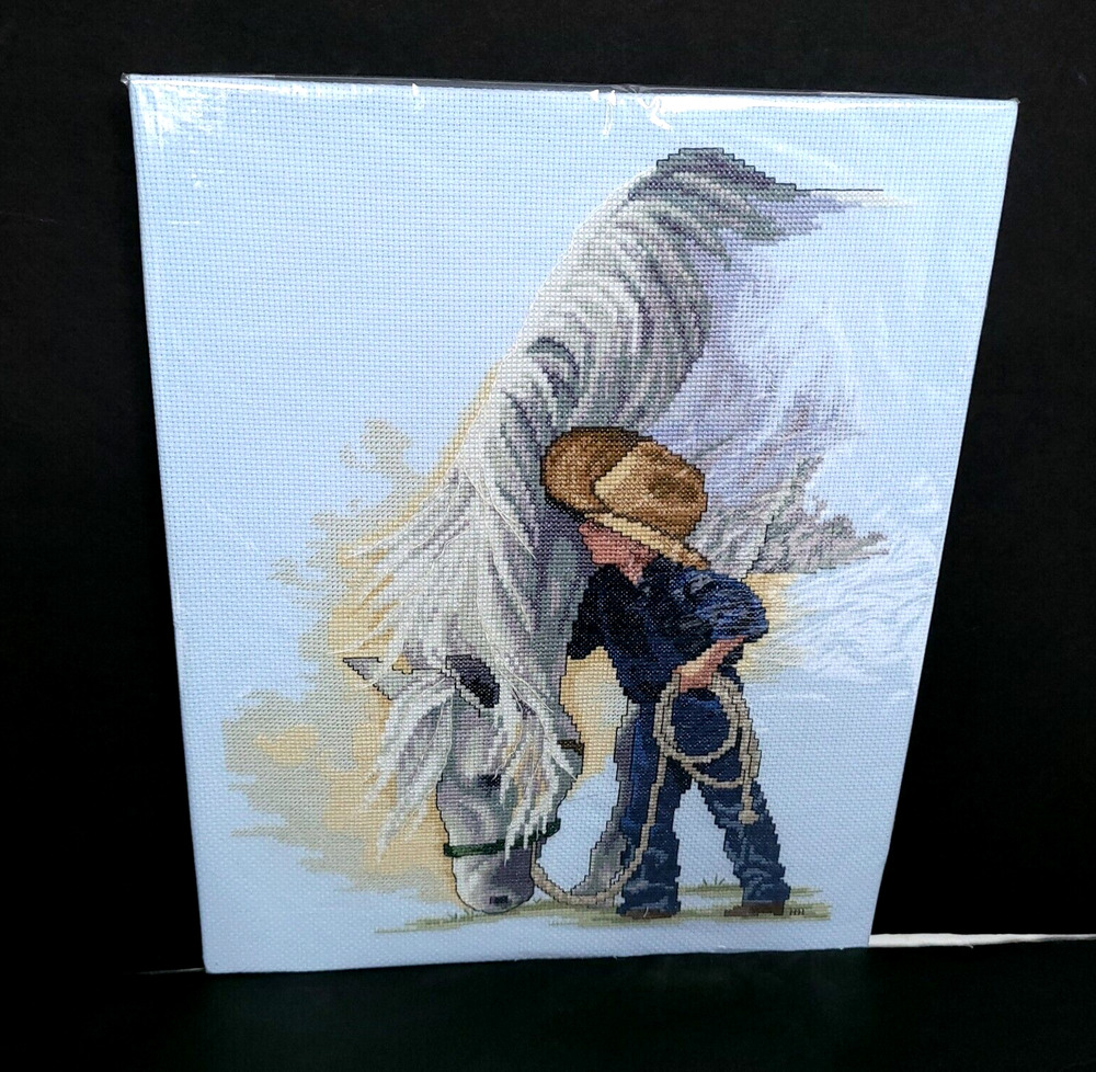 Handmade Cross Stitch Cowboy Boy White Horse Western Equestrian Ranch Needlework